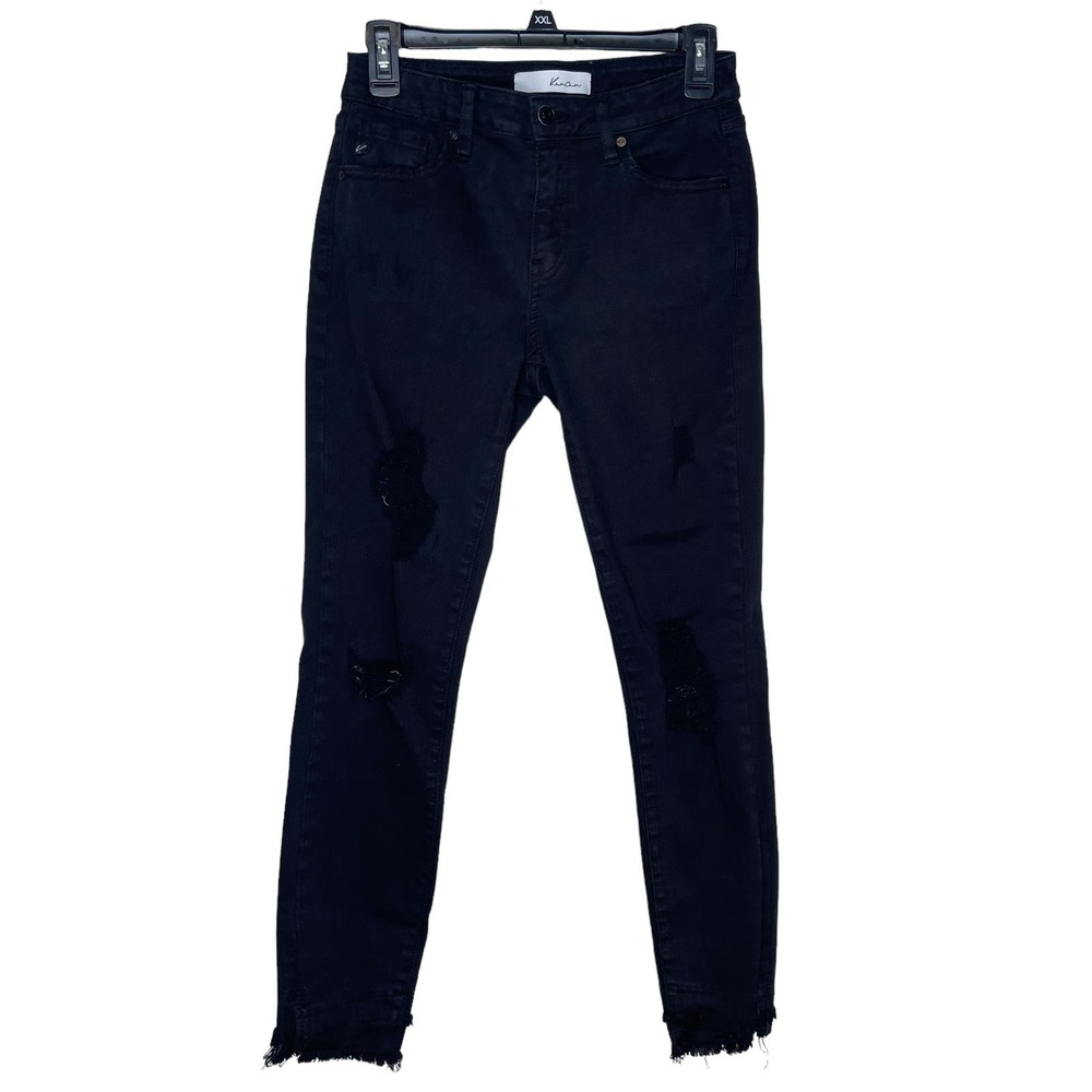 Kancan Women's JeansKC6204BK Gemma Mid Rise Distressed Fringe Hem Black Sz. 7/27